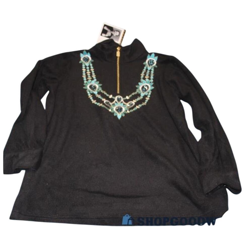 Bob Mackie Wearable Art Black Fleece Quarter Zip Top Size S NWT Turquoise Print